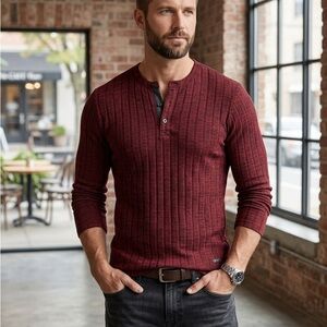 Guess Men's Burgundy Ribbed Henley Crewneck Sweater
